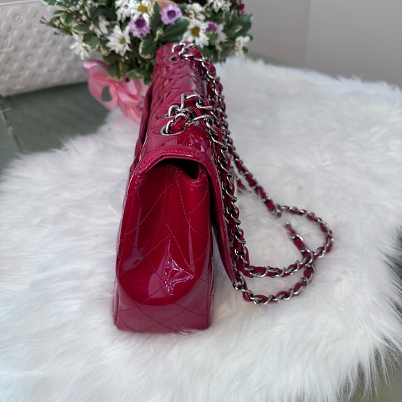 Chanel red patent jumbo single flap bag with silver hardware - Picture 14 of 16